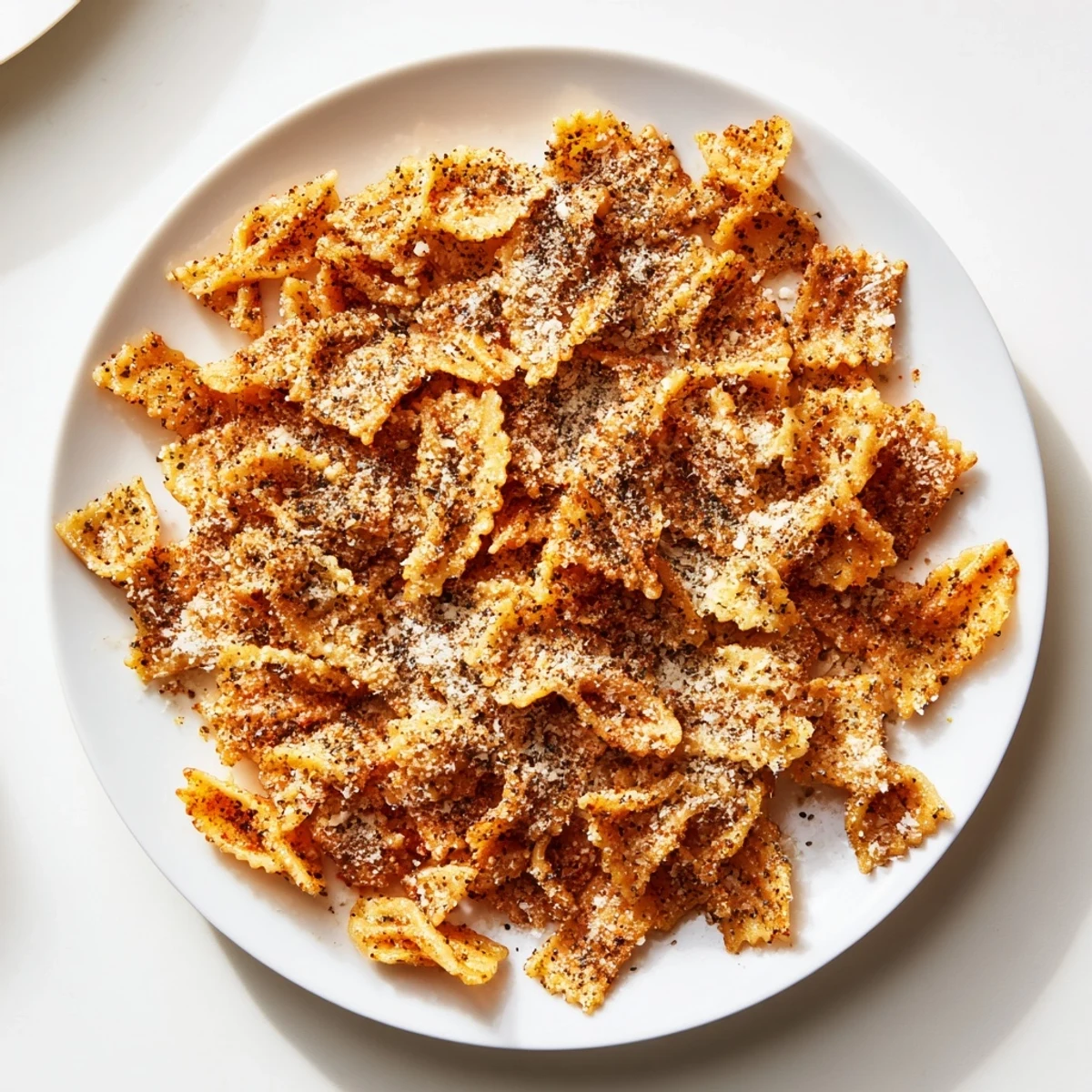 Golden brown Pasta Chips Seasoned Variety, perfect for dipping in creamy hummus.  