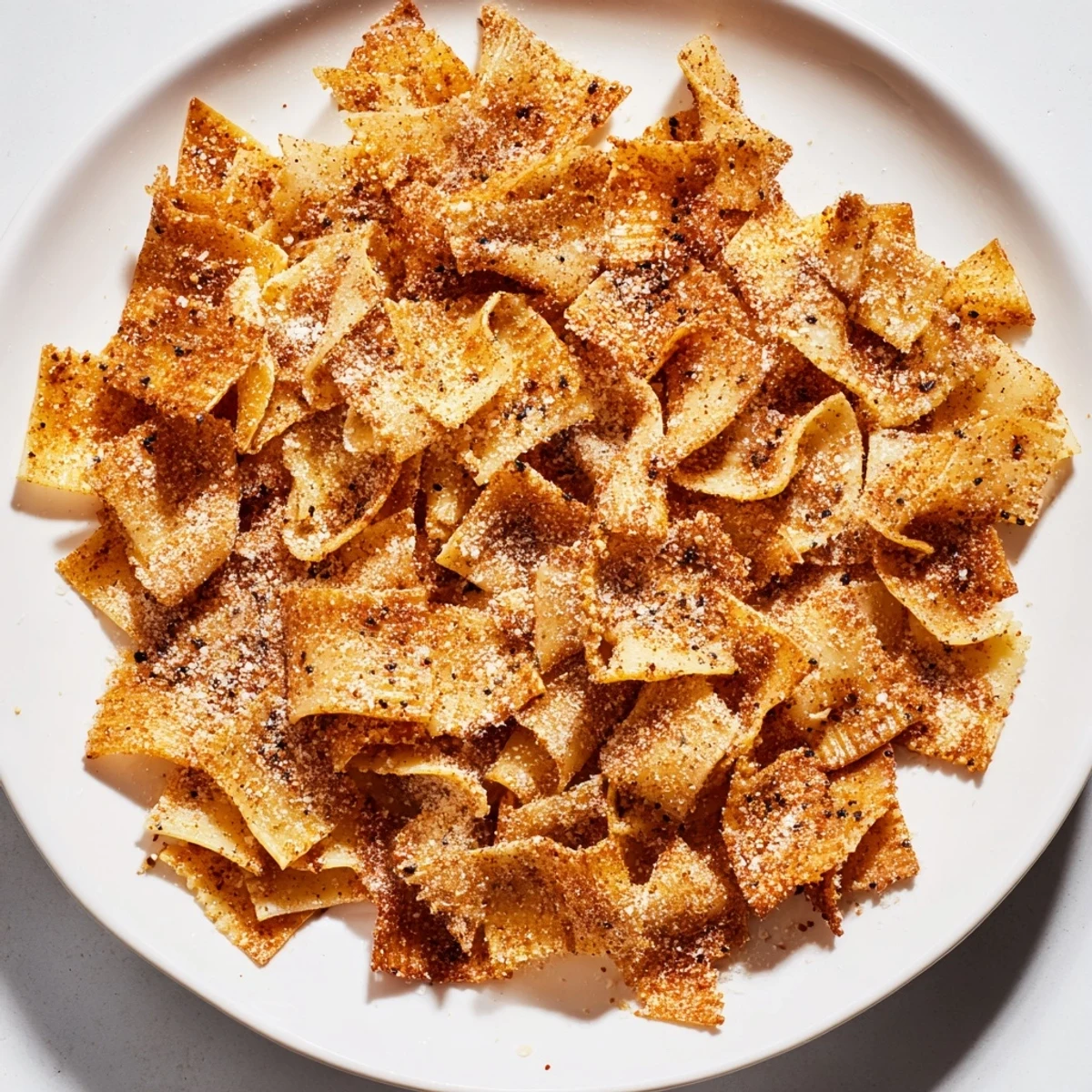 Savory Pasta Chips Seasoned Variety, baked to a crunchy perfection for snacking.