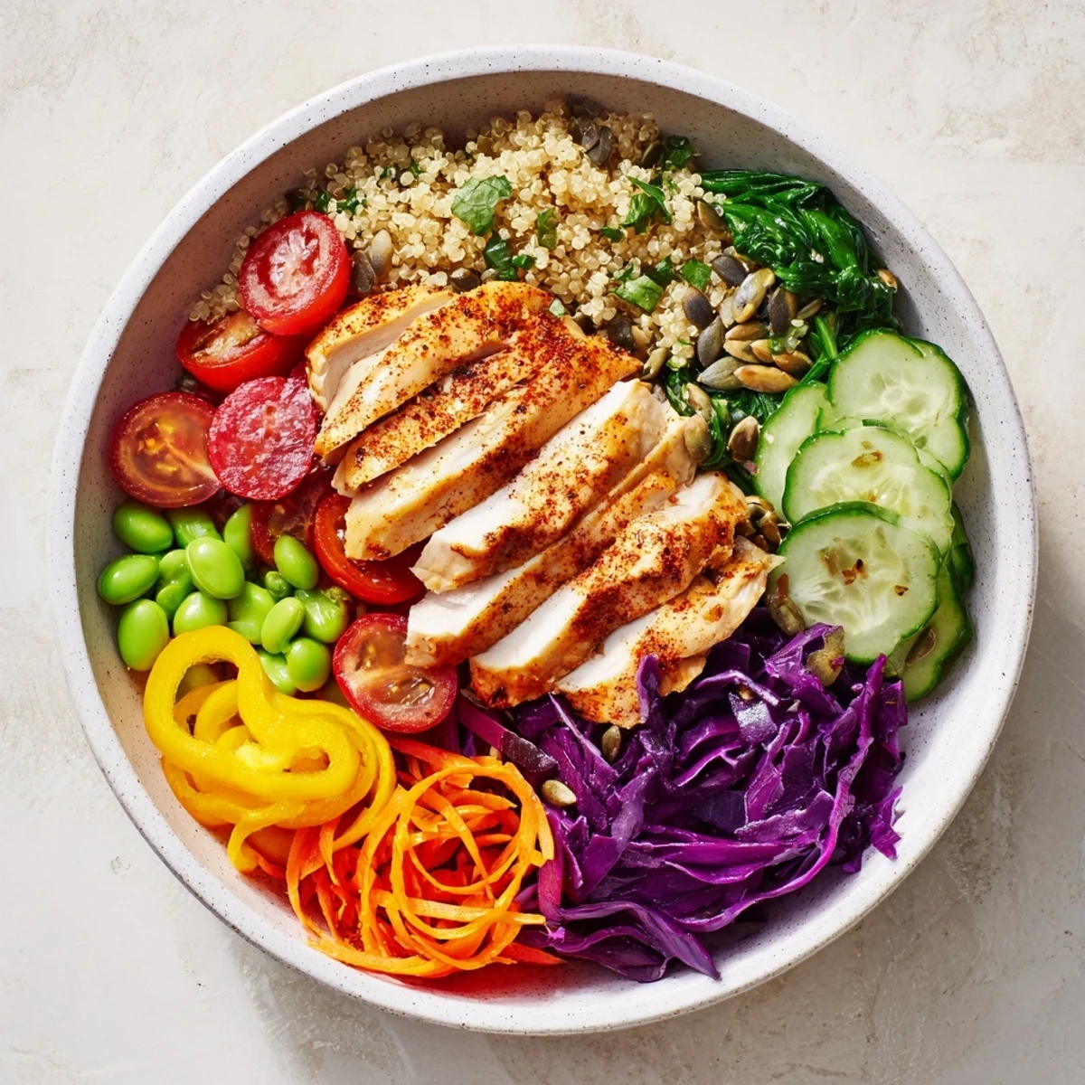 Colorful healthy meal-prep bowls showcasing grilled chicken and vibrant vegetables. 