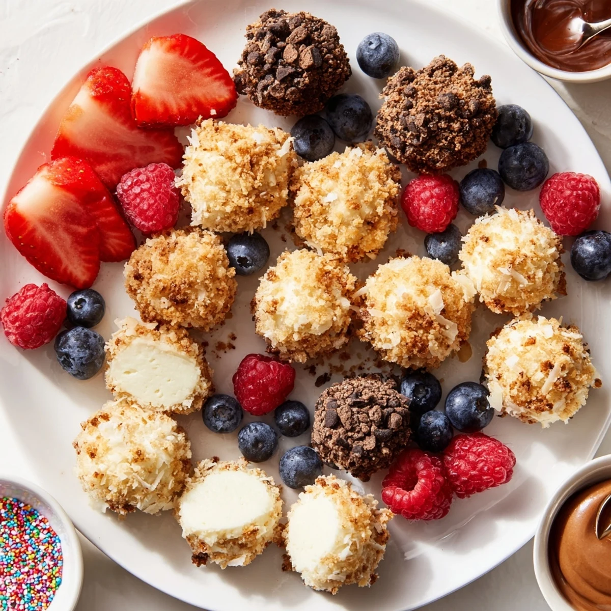 Deconstructed dessert board with cheesecake bites, fresh strawberries, and vibrant toppings.  