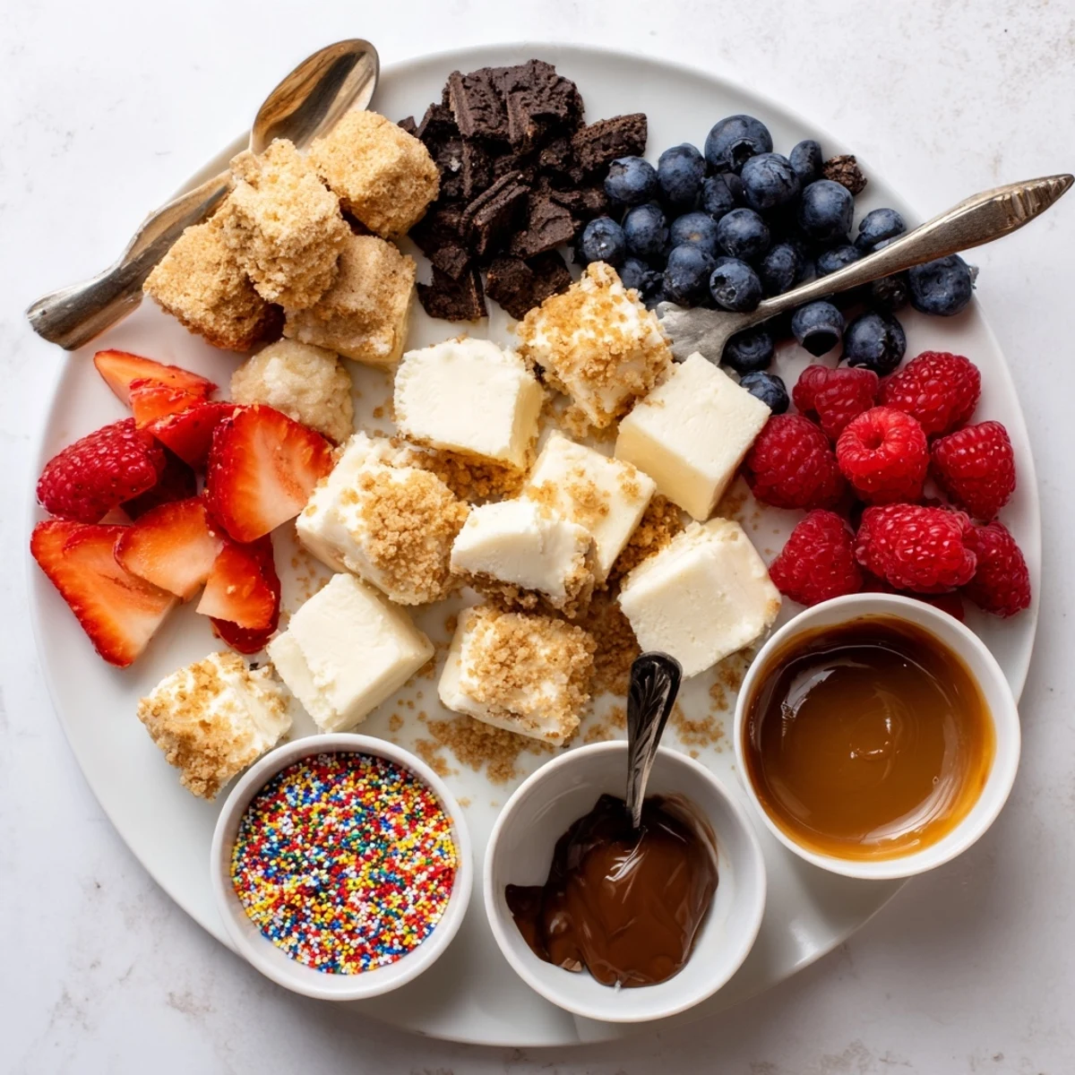 Indulge in a deconstructed dessert board featuring luscious cheesecake bites and tasty garnishes.