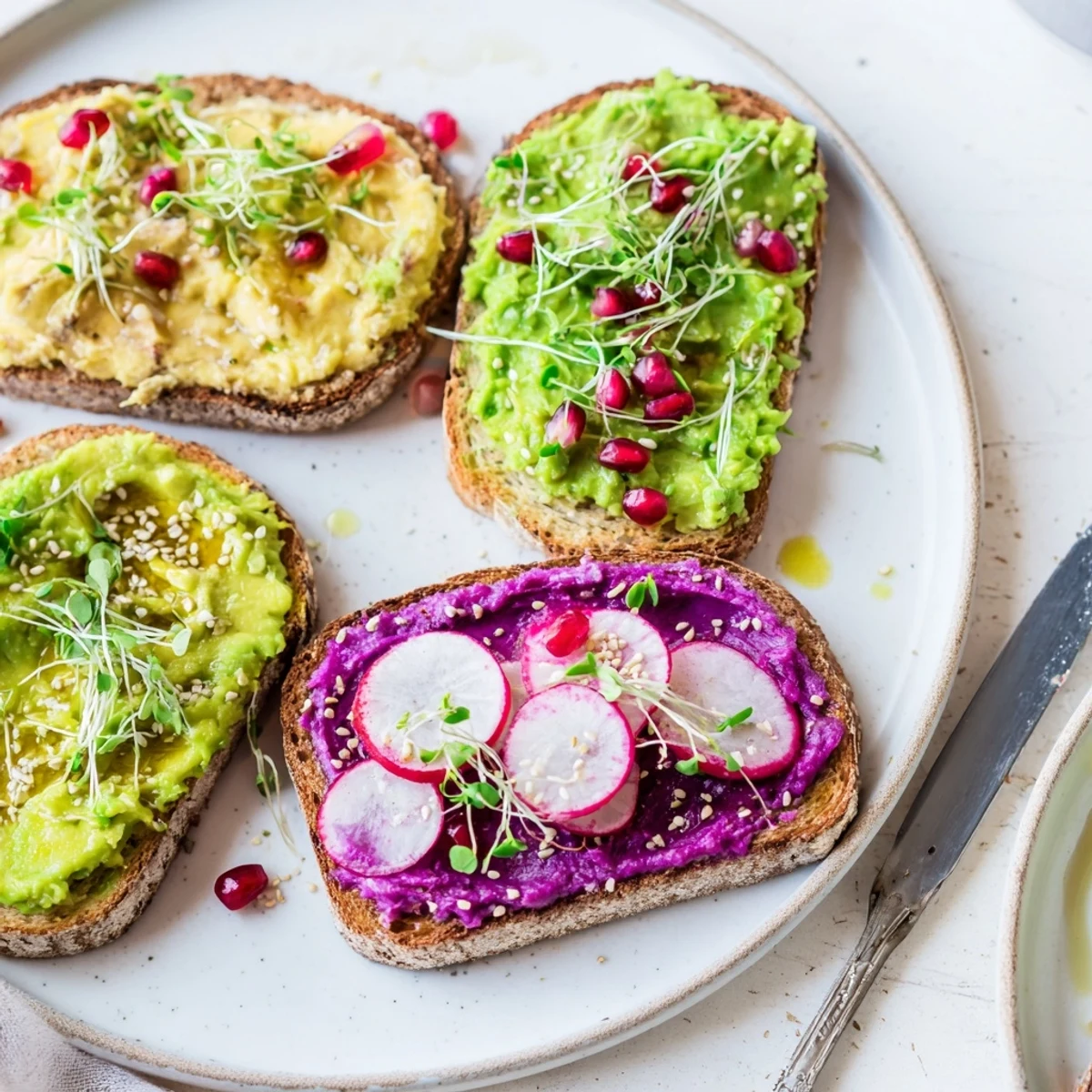 Vibrant Bright & Bold Breakfast Toasts topped with ube, avocado, and colorful garnishes.  