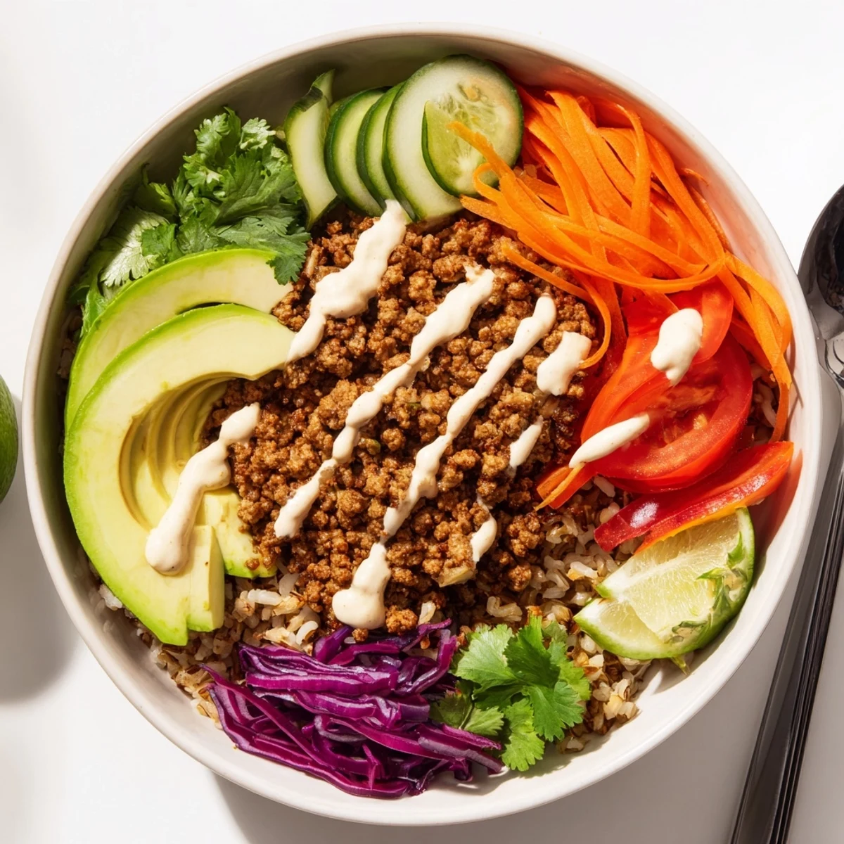 Hearty plant-based meat bowl with fresh veggies and zesty lime sauce.  