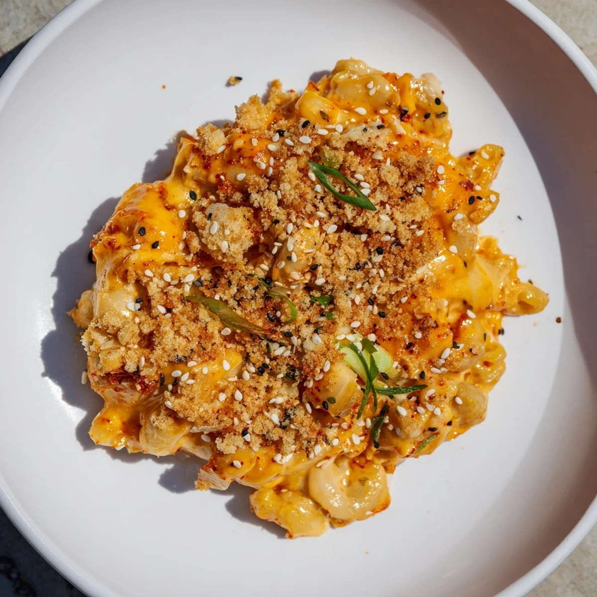 Creamy Spicy Kimchi Mac & Cheese topped with crunchy sesame for bold flavor.  