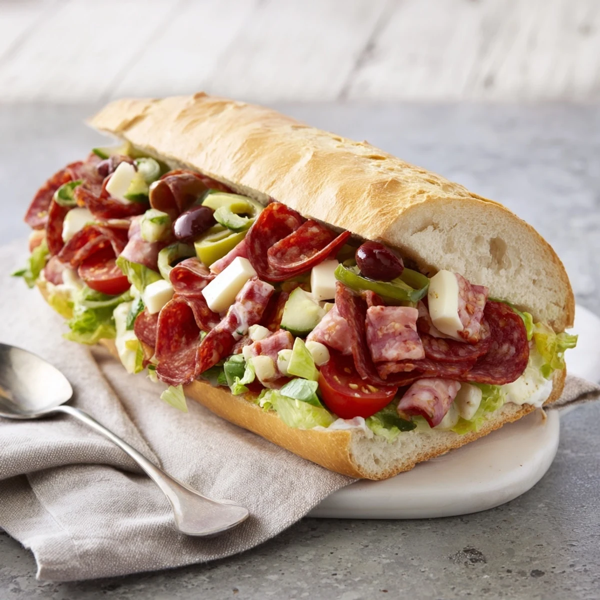 Vibrant Flavor Mash-Up Sandwiches piled high with meats, cheeses, and fresh veggies.
