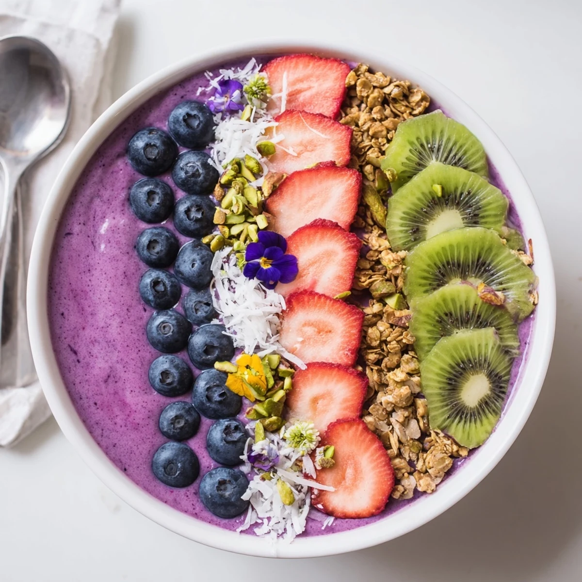Vibrant smoothie bowls with purple yam and fresh berries for a colorful breakfast.  