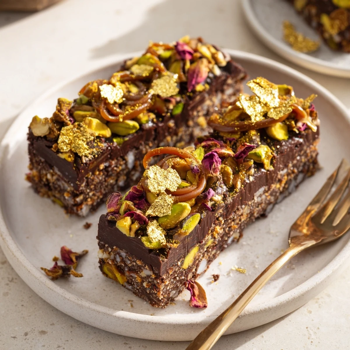 Decadent chocolate bar inspired creations topped with spiced date caramel and crunch.  