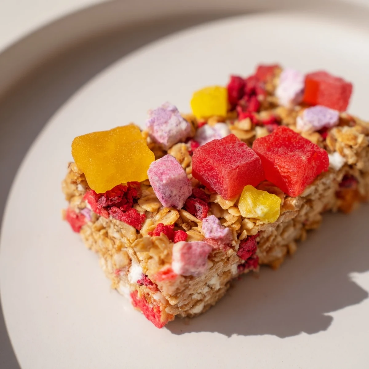 Delicious homemade gummies and crispy freeze-dried treats atop healthy oat snack bars.  