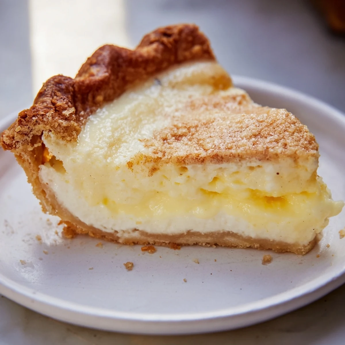 Golden-brown water pie slice served with vanilla ice cream and a sprinkle of cinnamon.  