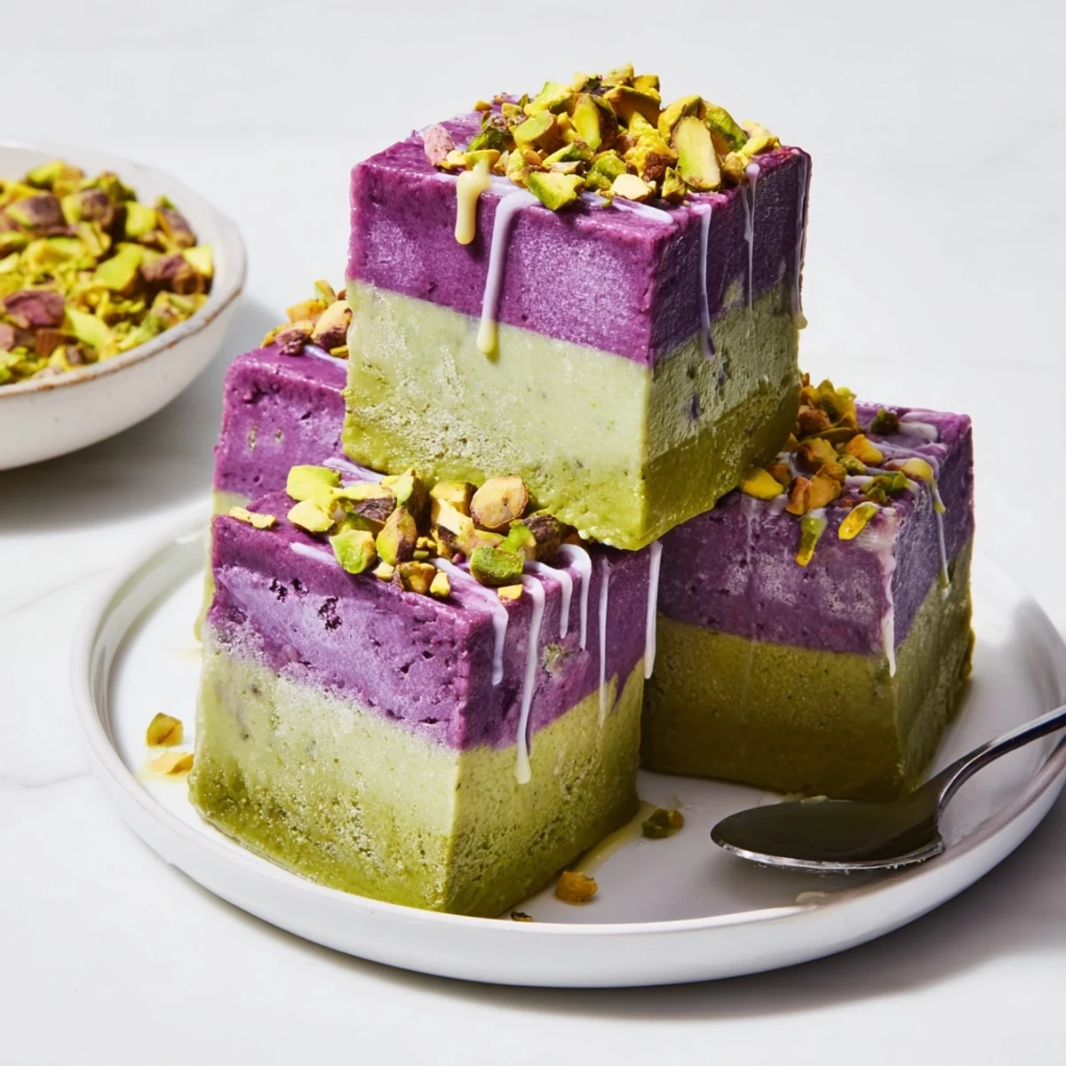 Creamy ube and pistachio ice cream bars drizzled with condensed milk and nuts.  