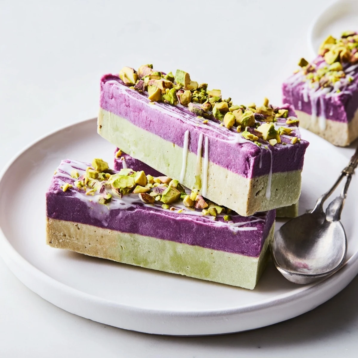 Vibrant ube and nutty pistachio ice cream bars, perfect for summer gatherings.  