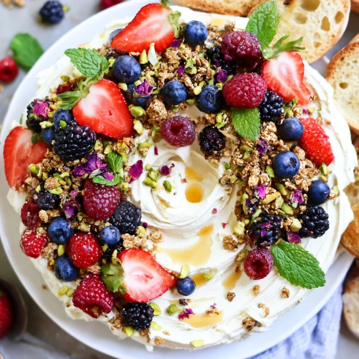 Inviting Butter Board Dessert Version served with toasted brioche and drizzled honey.