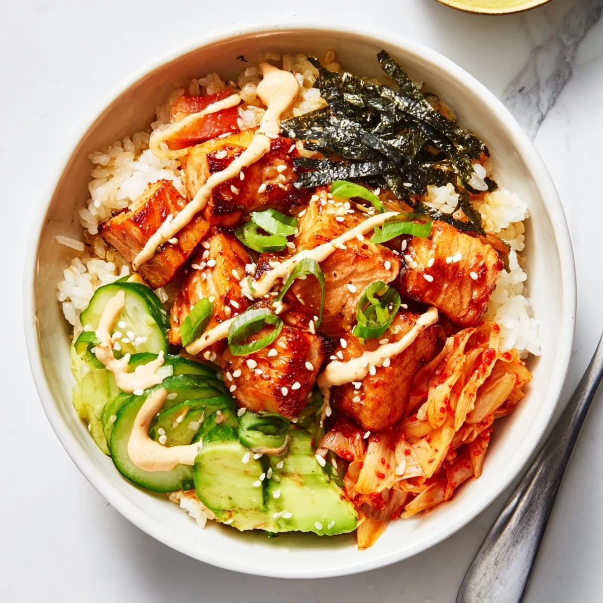 A vibrant Crispy Salmon Rice Bowl with fluffy rice, spicy mayo, and sesame seeds.