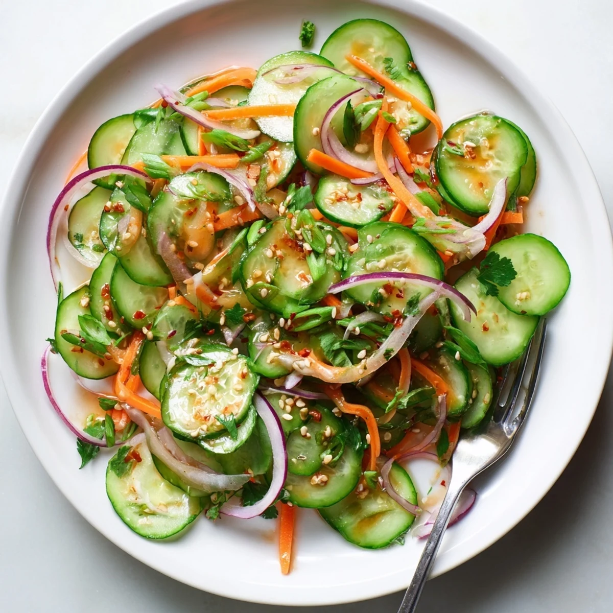 Vibrant Cucumber Salad Remix featuring crisp vegetables and aromatic Asian seasonings.