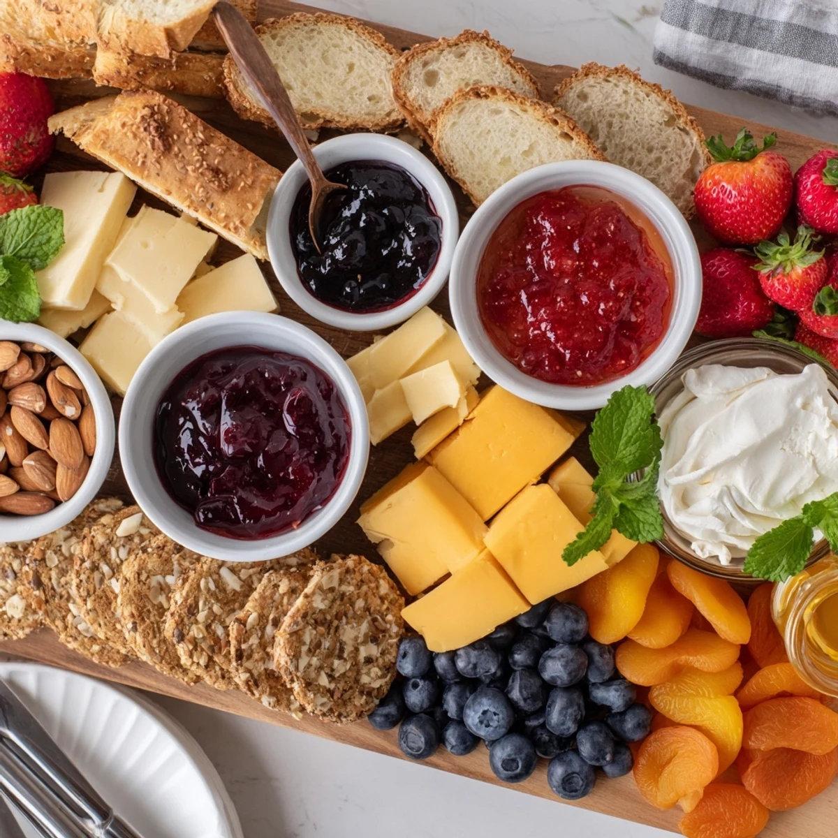 Deliciously arranged jam-infused brunch board, perfect for gatherings or celebrations.  