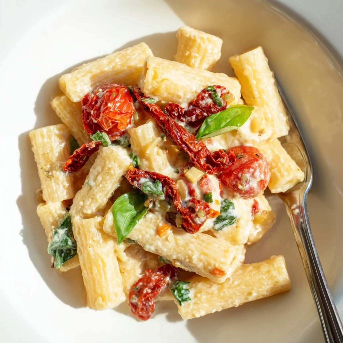 Creamy baked feta pasta topped with caramelized onions and vibrant cherry tomatoes.  