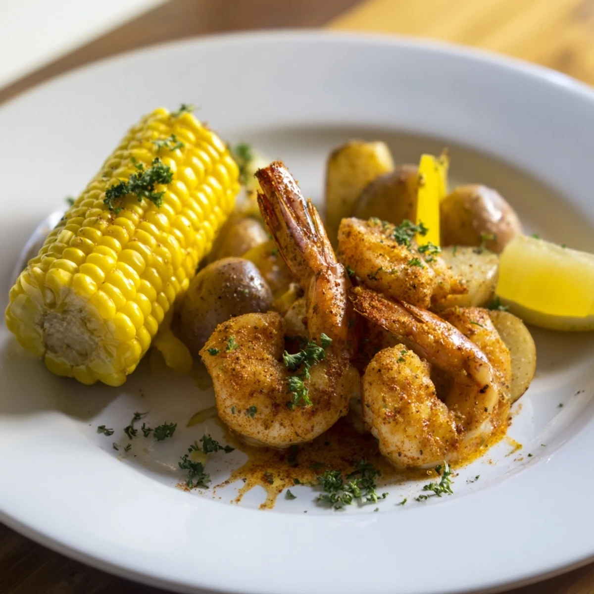 Vibrant Cajun shrimp and sweet corn platter garnished with fresh parsley and lemon.  