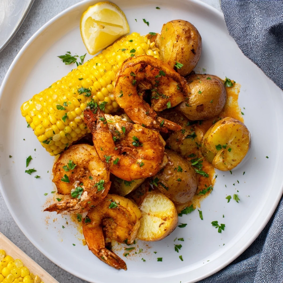 Flavorful Cajun shrimp alongside tender sweet corn and roasted potatoes on a platter.  
