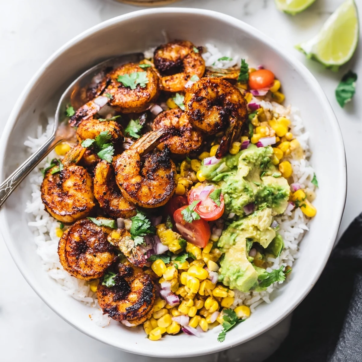 Spicy blackened shrimp bowl topped with creamy avocado corn salsa and fluffy rice.  