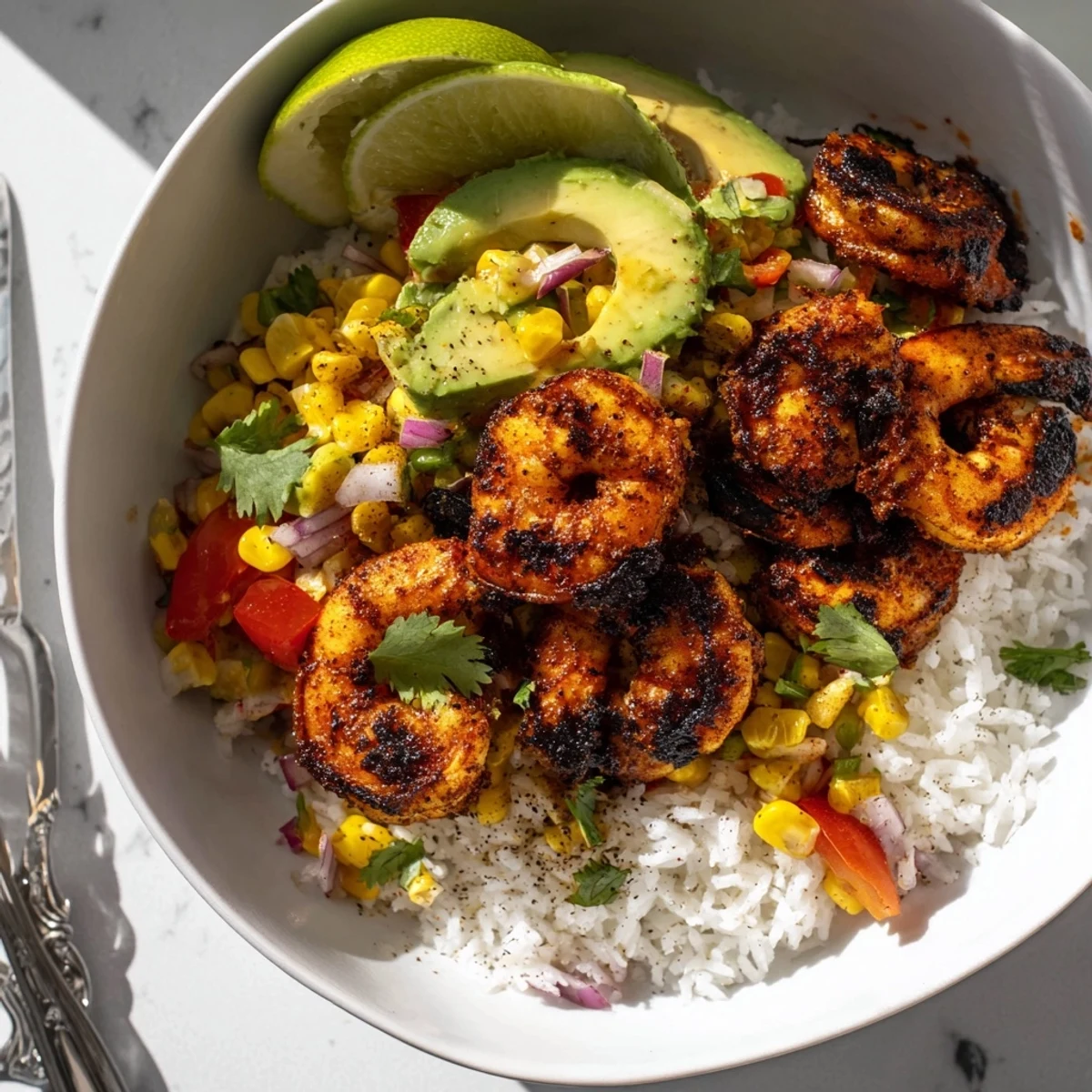 Vibrant blackened shrimp bowl showcasing fresh avocado corn salsa and lime wedges.  