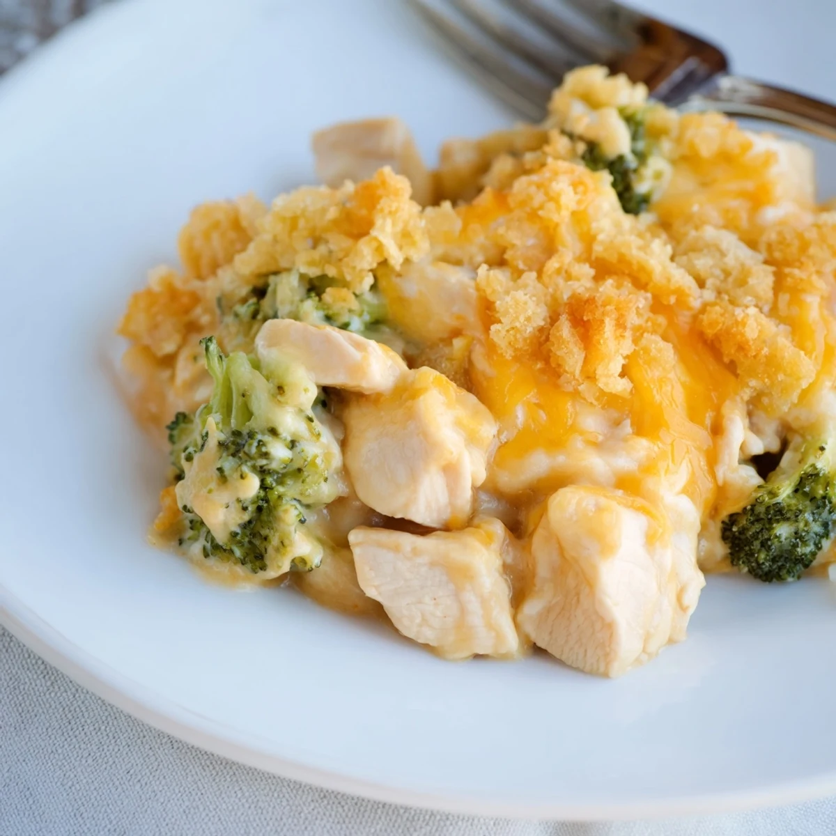 Creamy Chicken & Broccoli Cheddar Bake topped with crispy breadcrumbs, perfect for family dinners.  