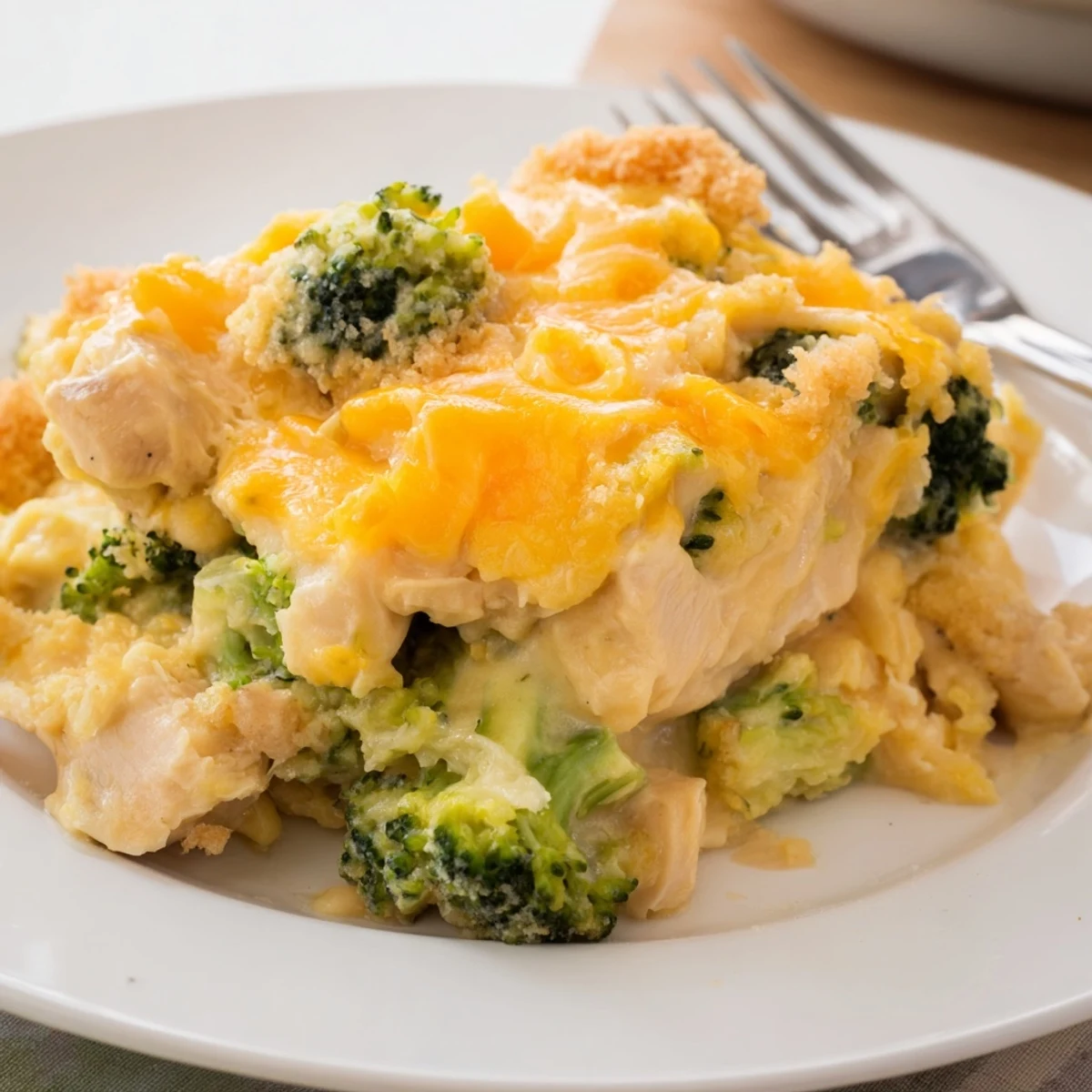 Hearty Chicken & Broccoli Cheddar Bake served warm, ideal for potlucks and gatherings.