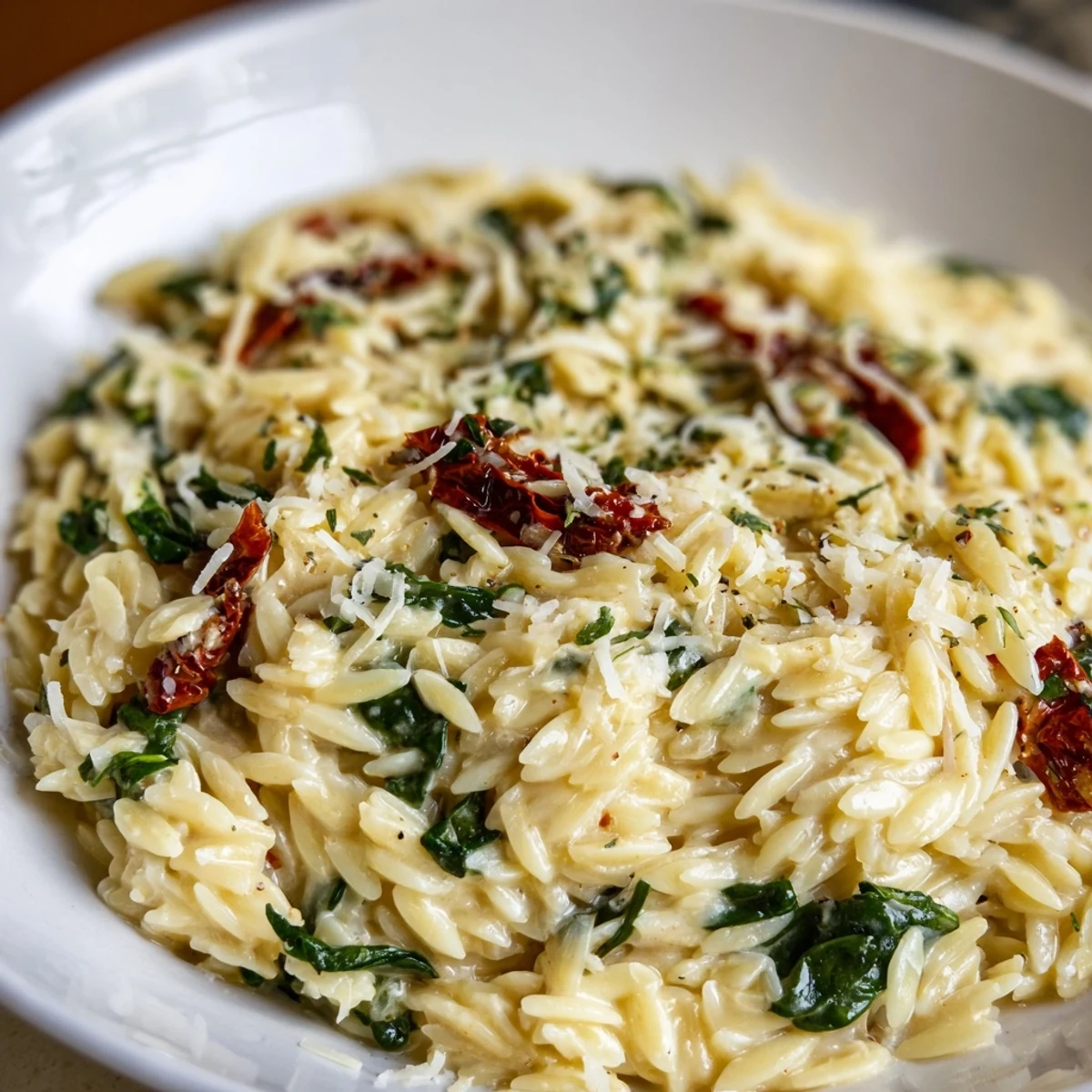 Creamy Tuscan Orzo Bowl: A rich, creamy pasta dish with sun-dried tomatoes and wilted spinach.
