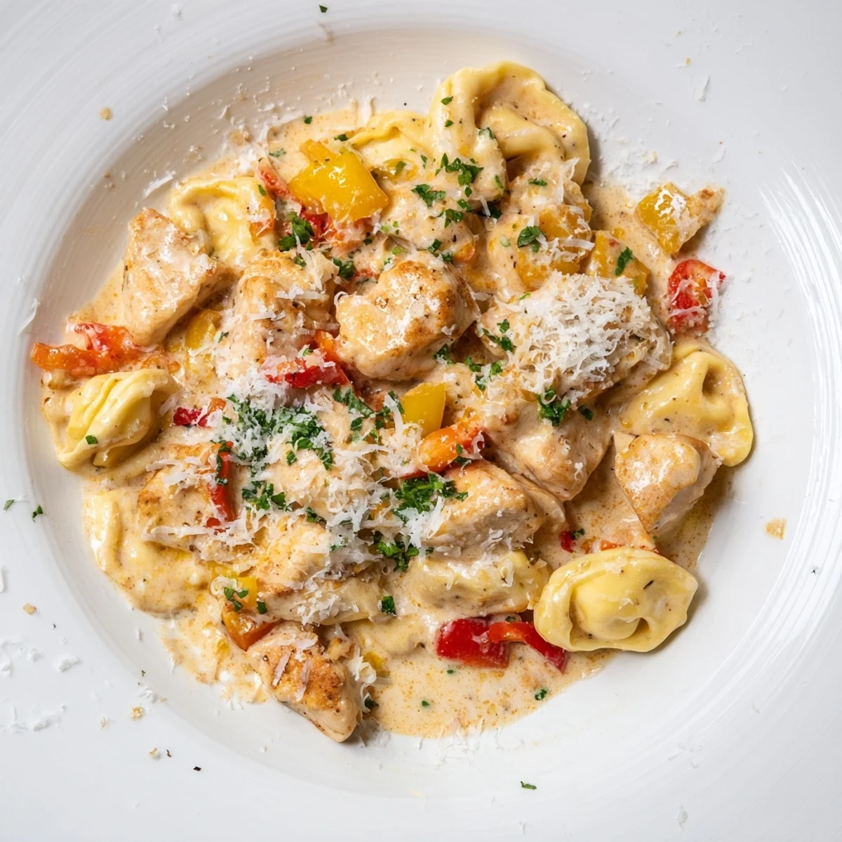 Zesty Cajun Garlic Parmesan Chicken Tortellini: creamy pasta dish with chicken, Parmesan, and parsley garnish.