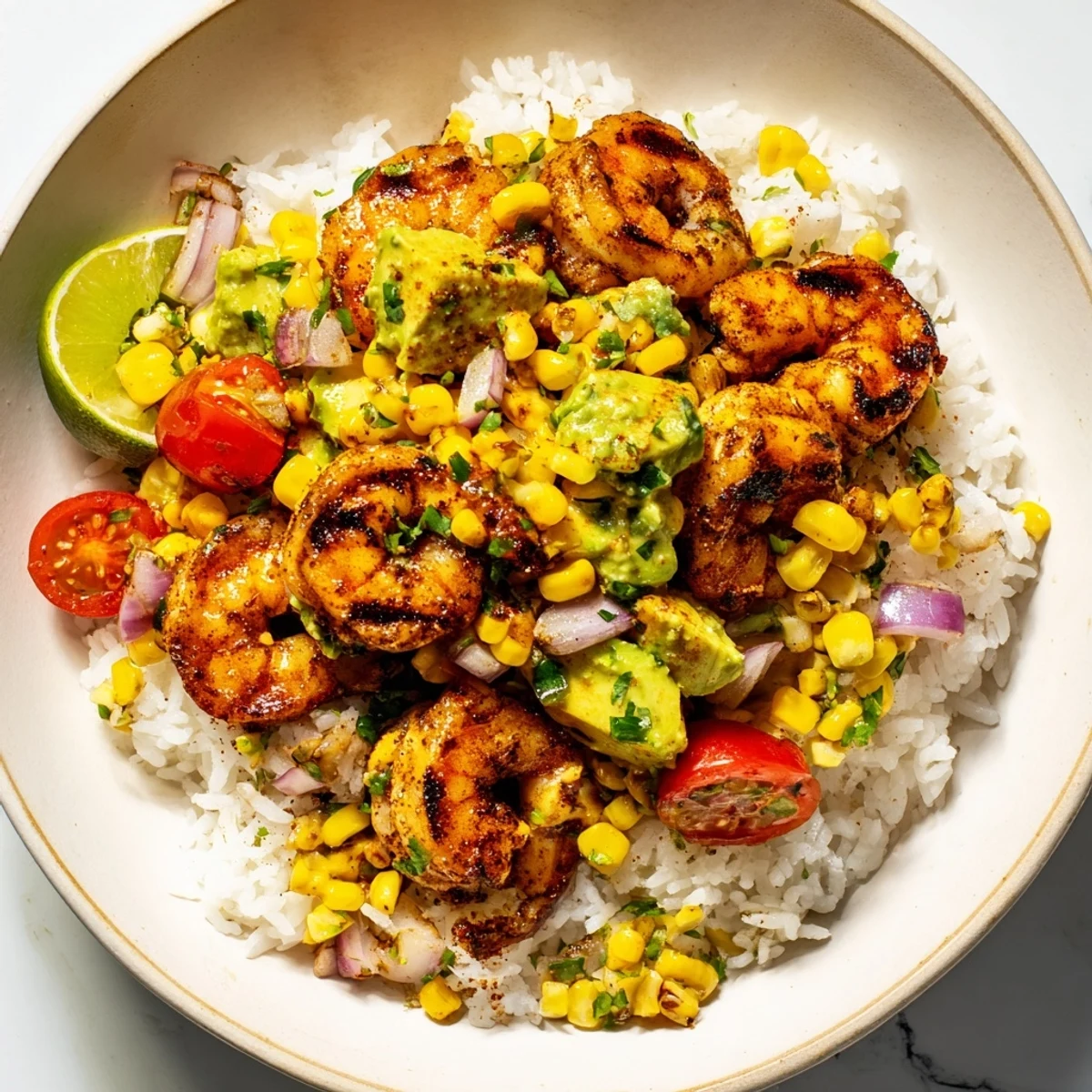 Grilled shrimp bowl with avocado corn salsa, displaying beautifully charred shrimp with a vibrant salsa.