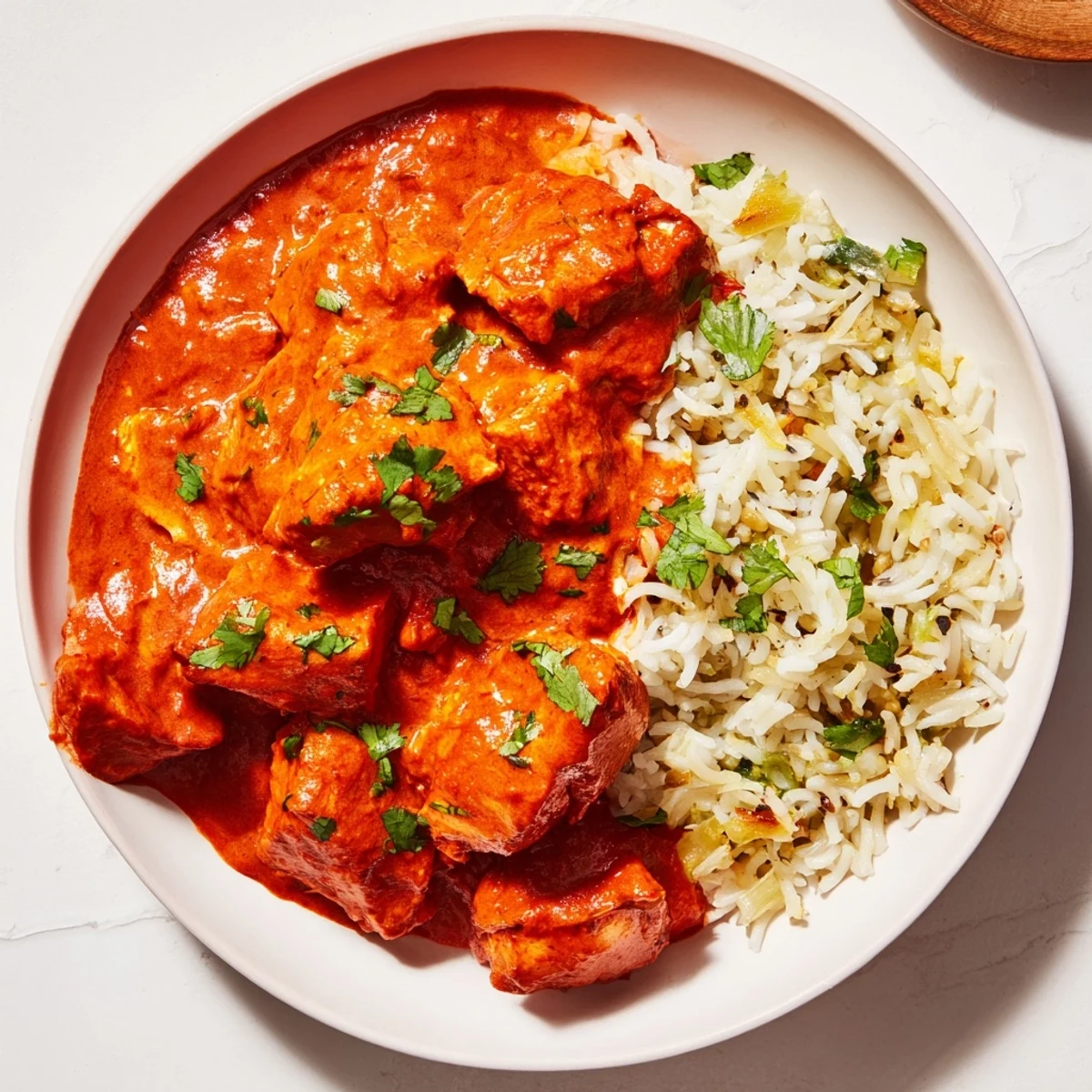Aromatic butter chicken served with fluffy rice pilaf, a comforting Indian dinner for everyone.