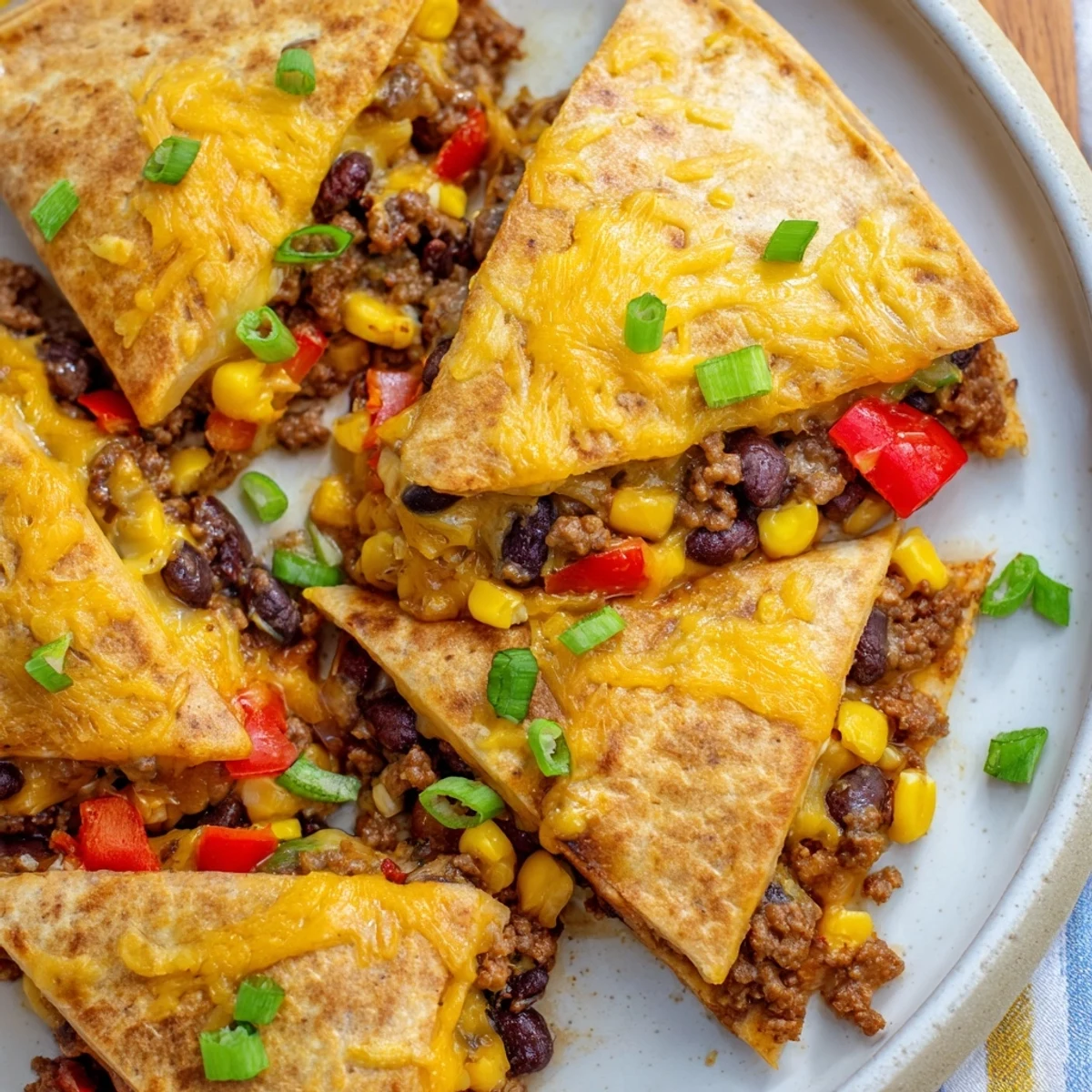 A close-up shows melted cheese and beef nestled in crispy sheet pan quesadillas for sharing.