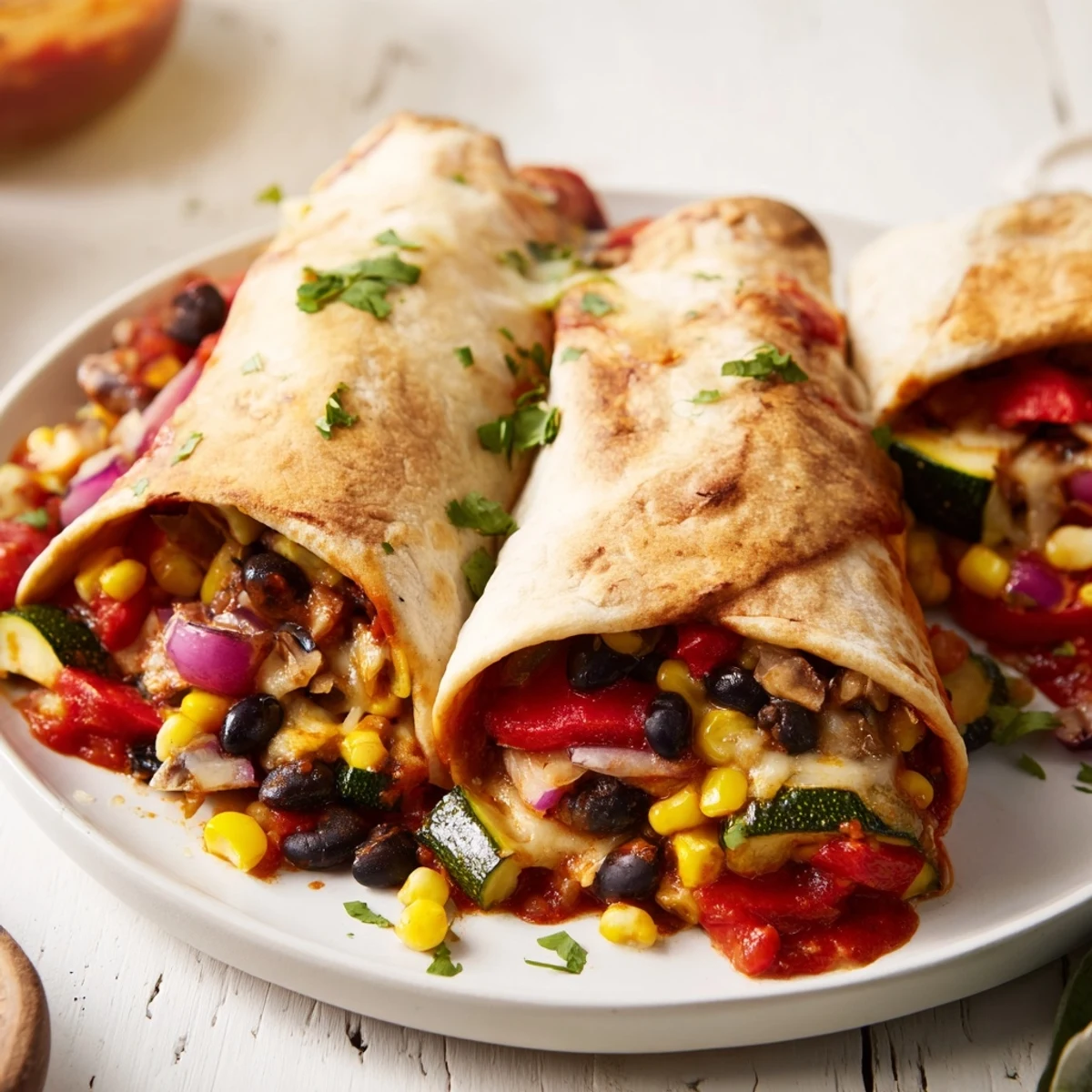 Farmers Market Vegetarian Enchiladas bubbling with cheese and golden, a delicious Mexican-inspired meal.