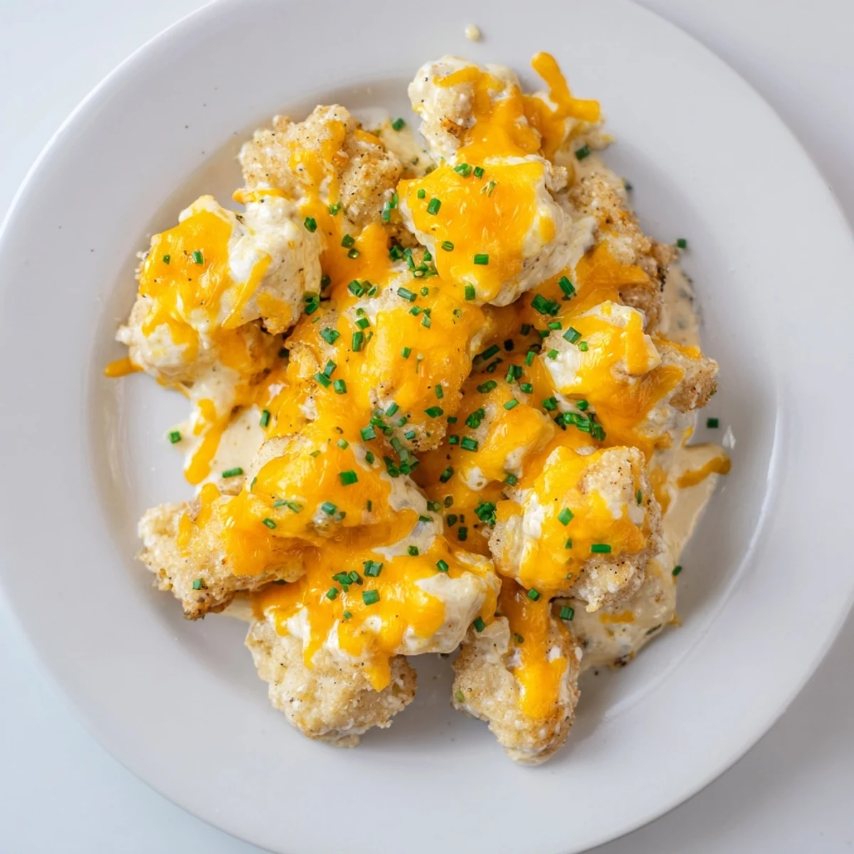 A close up shot of a cheesy Cheddar Ranch Chicken Bake with melted cheese and tender chicken.