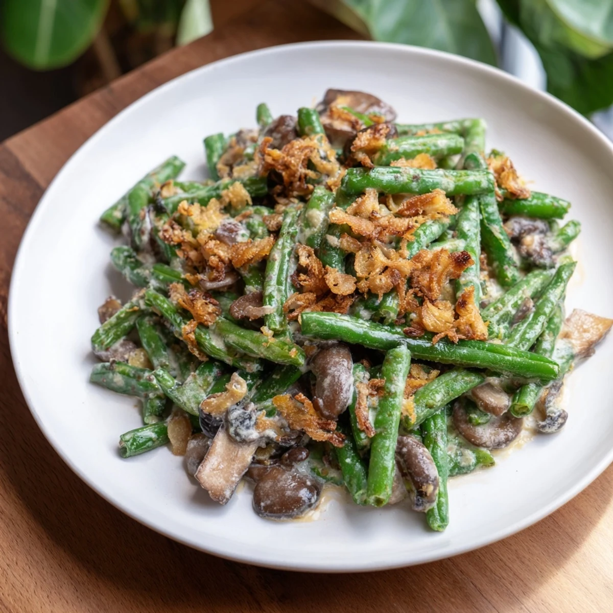 Creamy Old-School Green Bean Casserole with golden crispy onions, a comforting Thanksgiving side.
