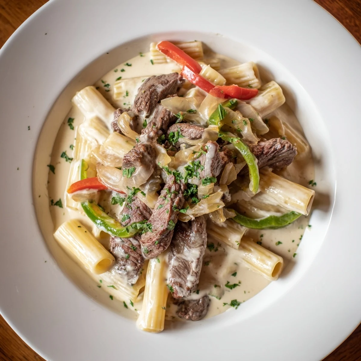 A skillet filled with the delicious Philly Cheese Steak Pasta, savory aromas filling the kitchen.
