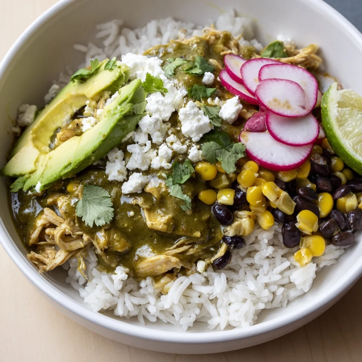 Green Enchiladas Rice Bowl: A colorful, gluten-free Tex-Mex meal with warm chicken and vibrant toppings.