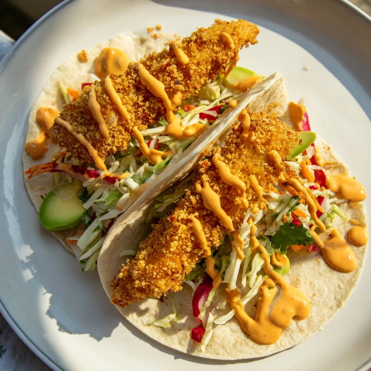 A delicious photo of crispy fish tacos: golden fried fish strips and flavorful cabbage slaw.
