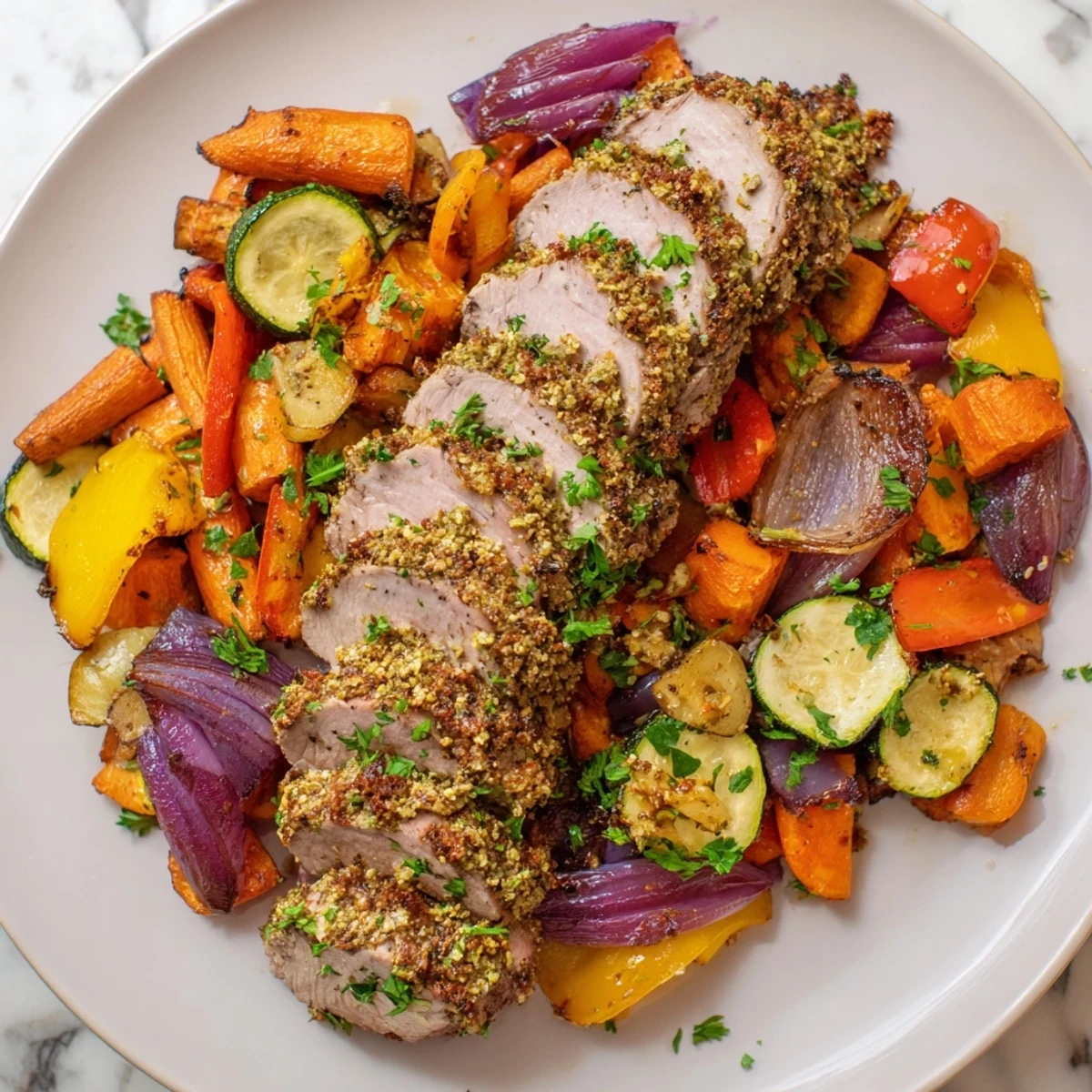 Tender, juicy Roasted Garlic Pork Tenderloin with vibrant, caramelized vegetables ready to serve tonight.