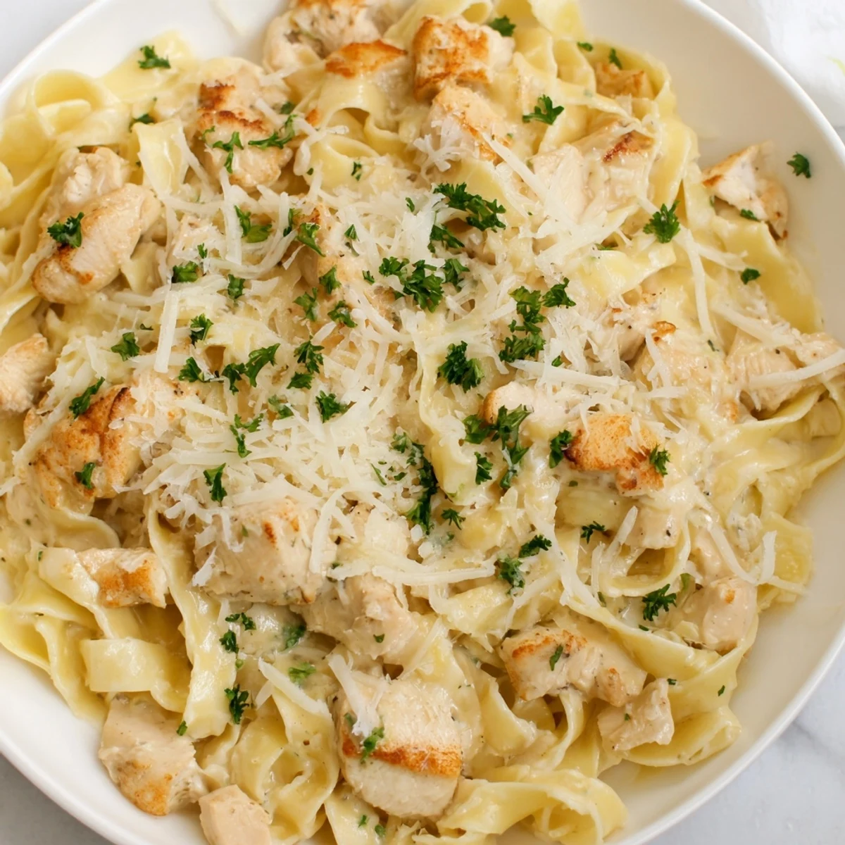 Golden bubbly Chicken Fettuccine Alfredo Bake, creamy pasta and cheese with tender chicken.