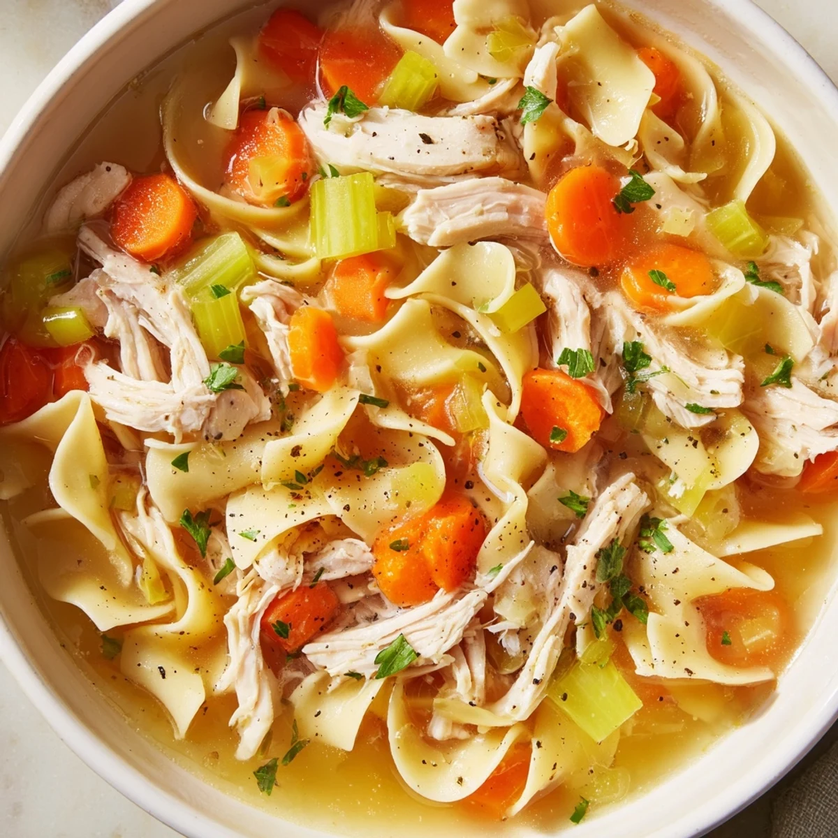 Steaming homemade chicken noodle soup, a classic American comfort food, ready to savor.