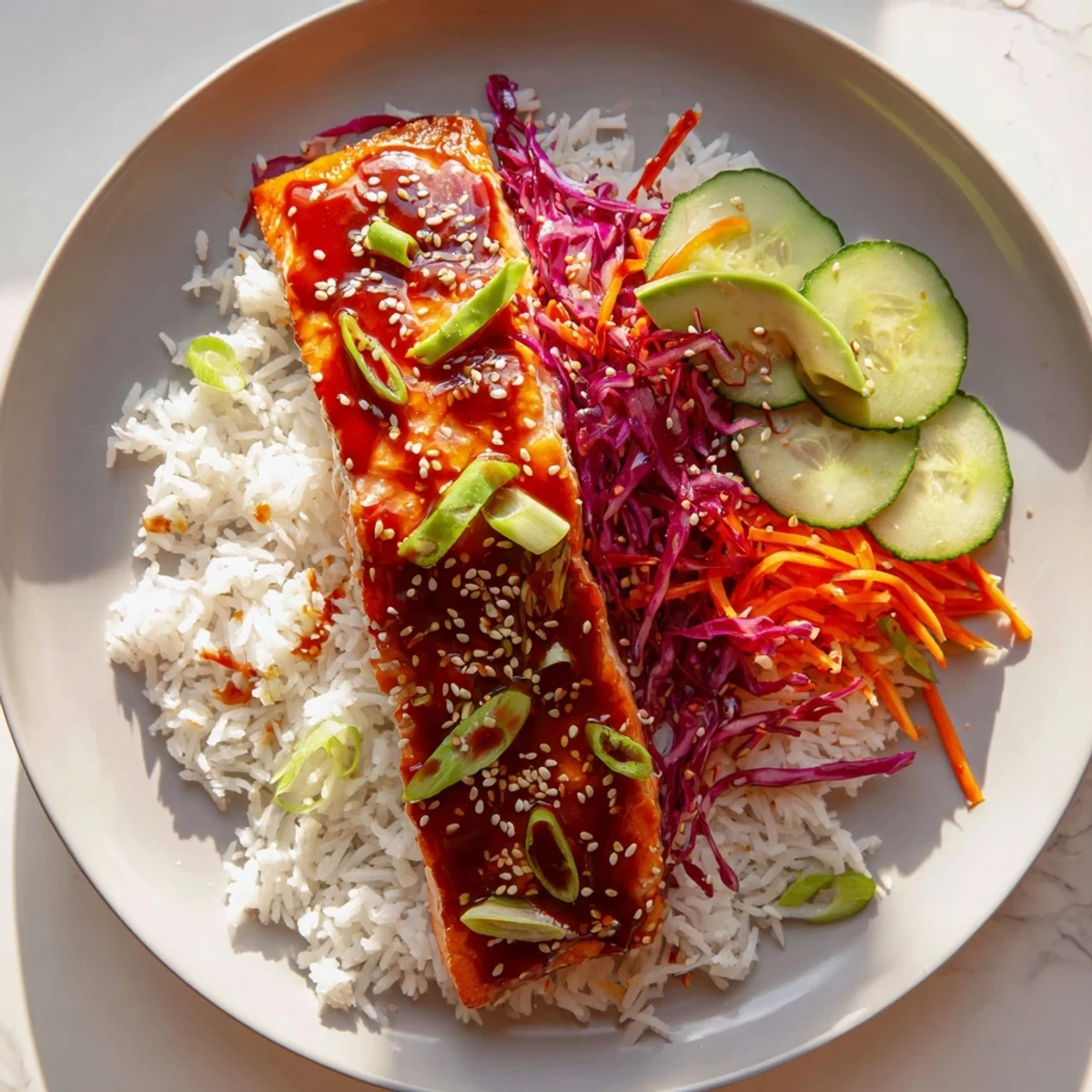 Vibrant sweet chili salmon rice bowl, featuring a glazed salmon fillet with fresh, crunchy toppings.