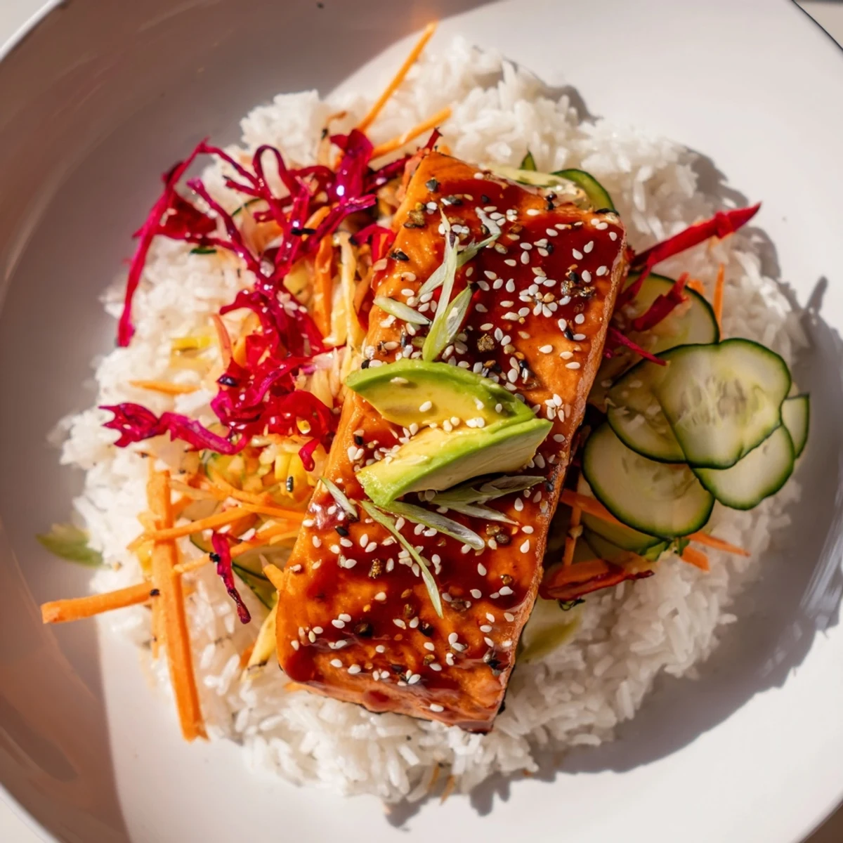 Flaky cooked sweet chili salmon nestled atop fluffy jasmine rice in a colorful bowl.