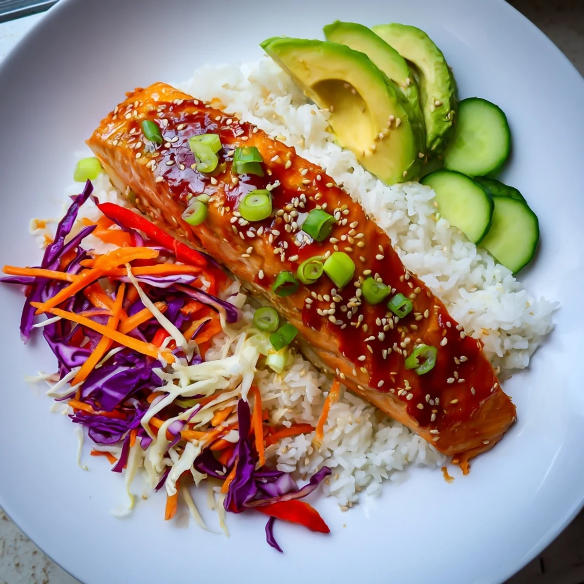 Enjoy a delicious sweet chili salmon rice bowl, with tender salmon and colorful, fresh vegetables.