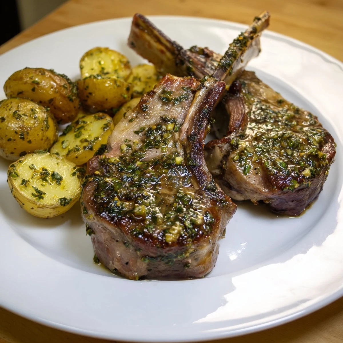 Seared herbed lamb chops with golden roasted potatoes, a flavorful and satisfying dinner.
