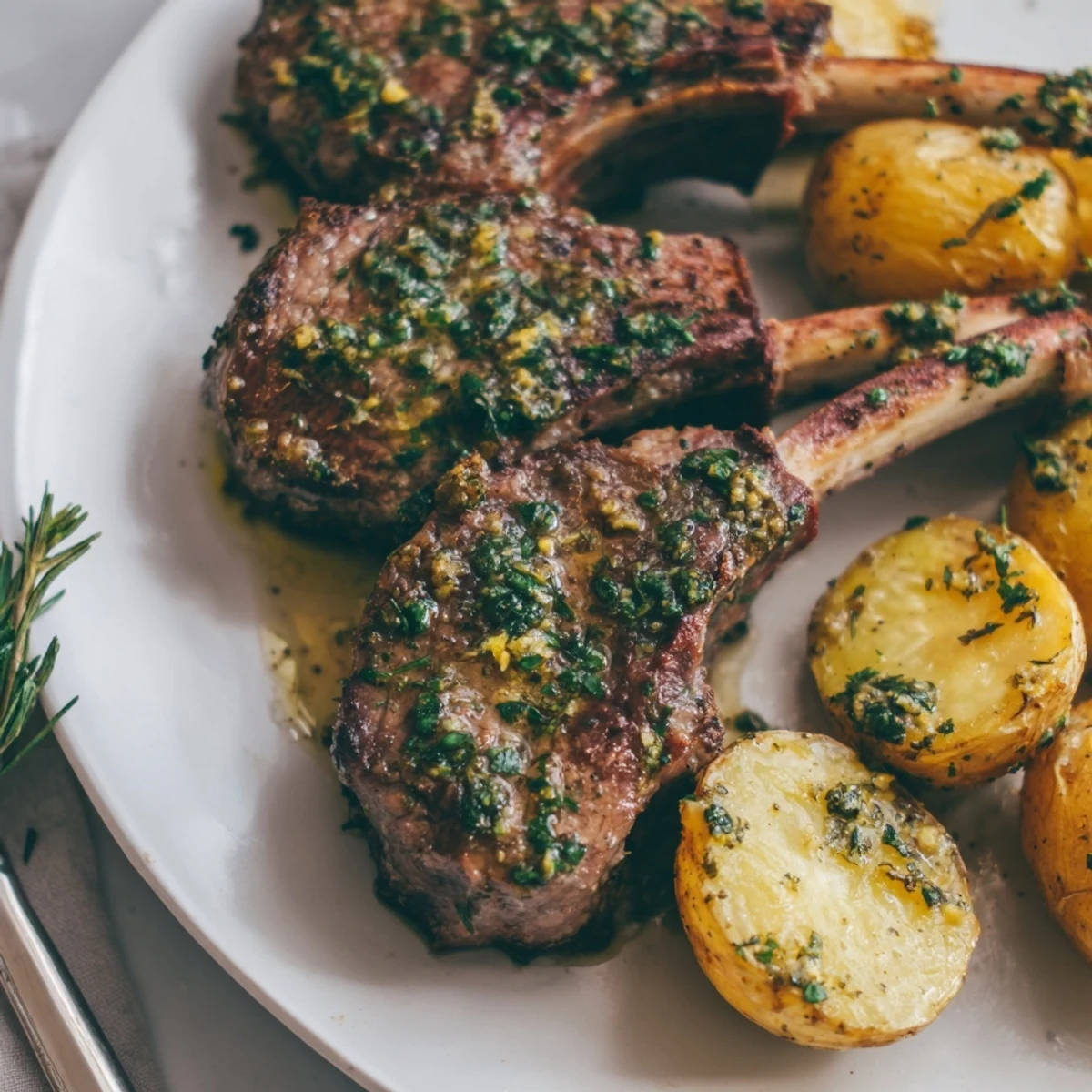 Close-up of herbed lamb chops and roasted potatoes, a delicious and aromatic homemade meal.