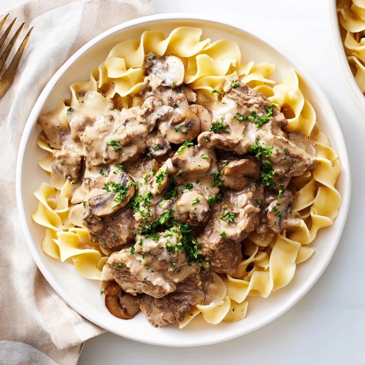 Creamy Mushroom Beef Stroganoff with rich, velvety sauce, ready to be served over fluffy egg noodles.