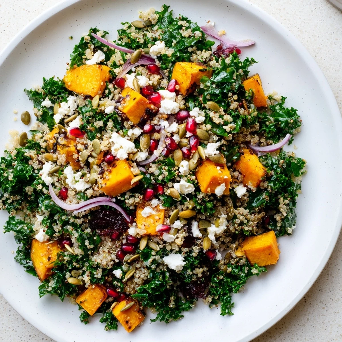 A colorful bowl of Kale & Quinoa Salad: the quinoa and sweet potato are perfectly seasoned.