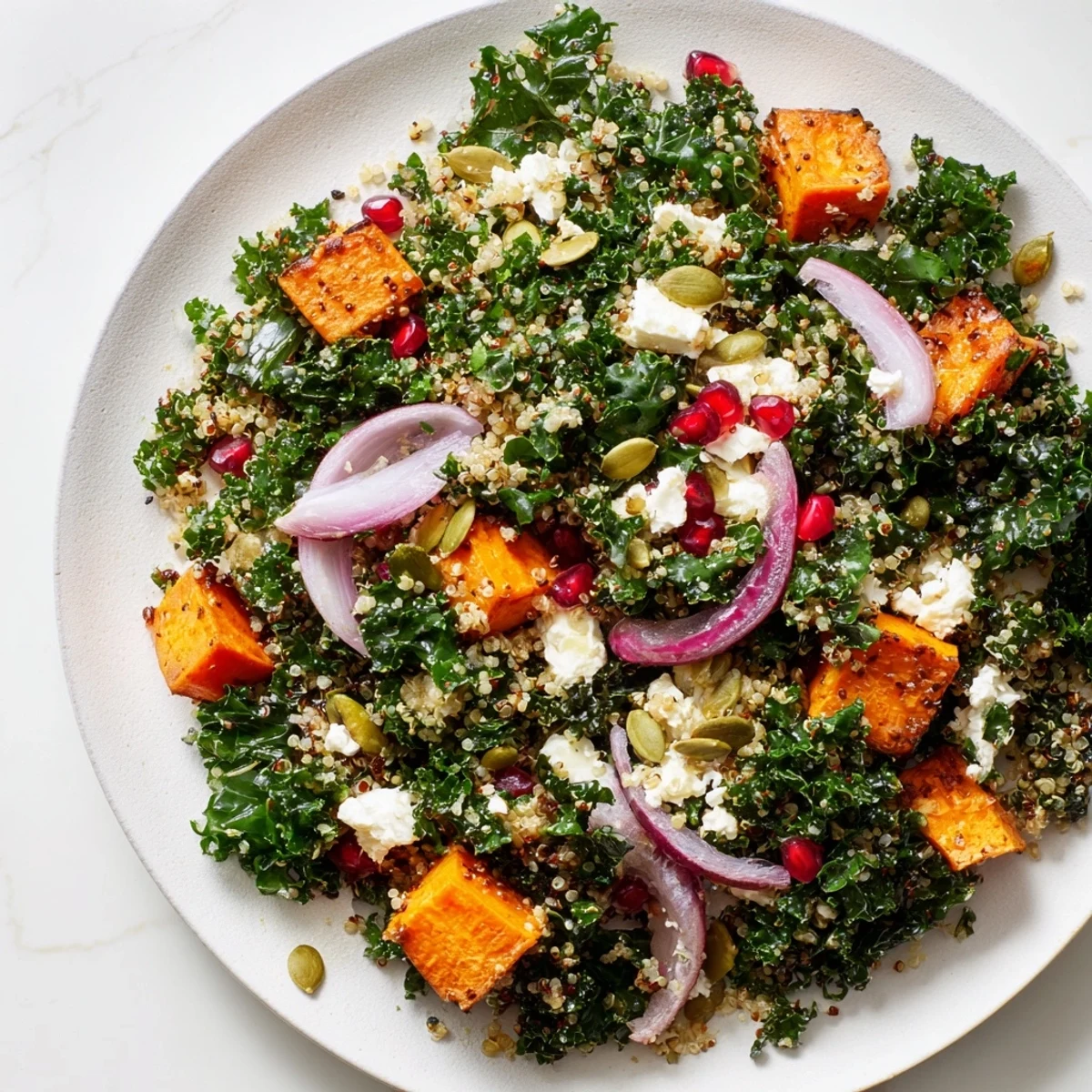 Vibrant Kale & Quinoa Salad features roasted sweet potatoes, a lemon dressing, and fresh parsley.