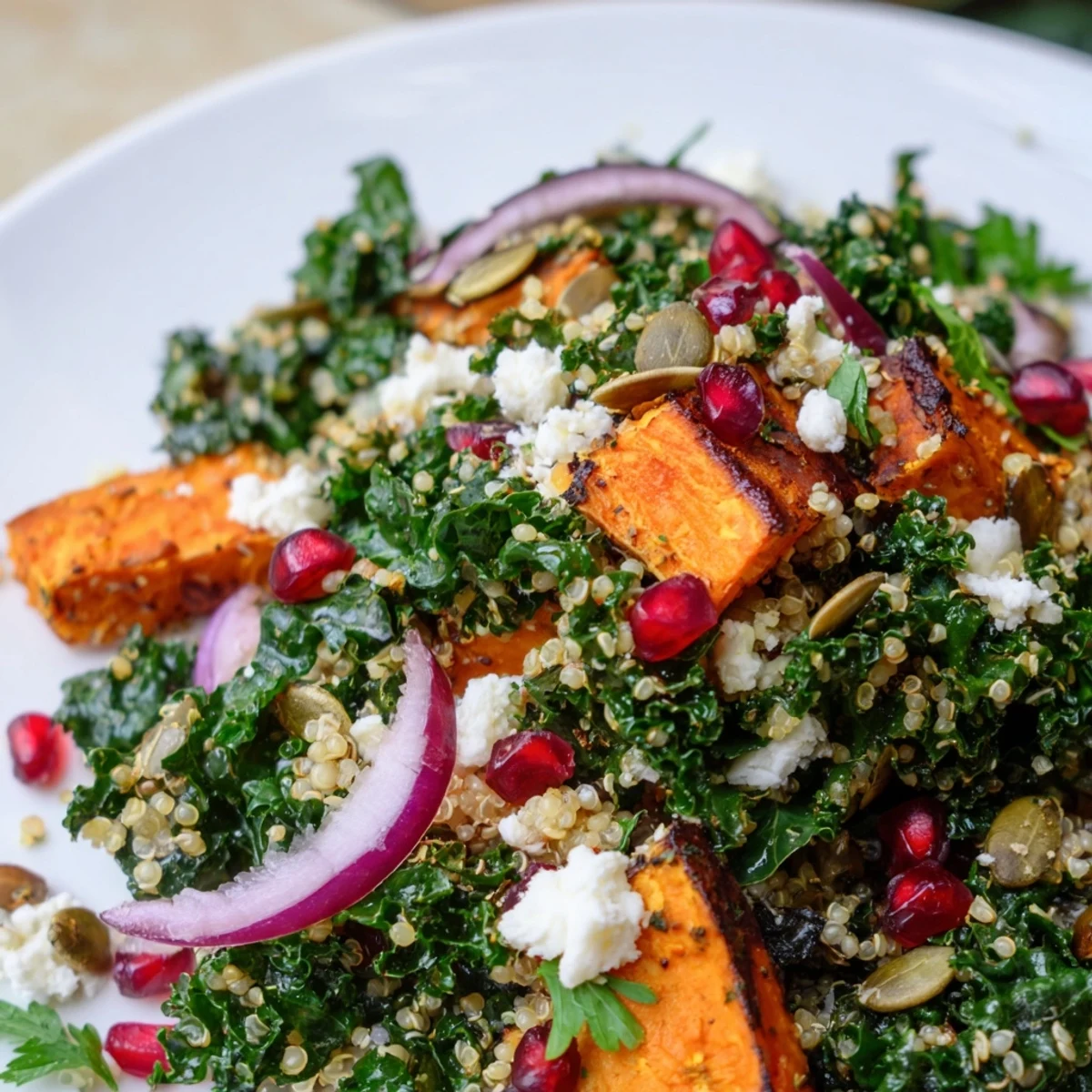 Fresh kale, quinoa, and roasted sweet potatoes make up this delicious Kale & Quinoa Salad.