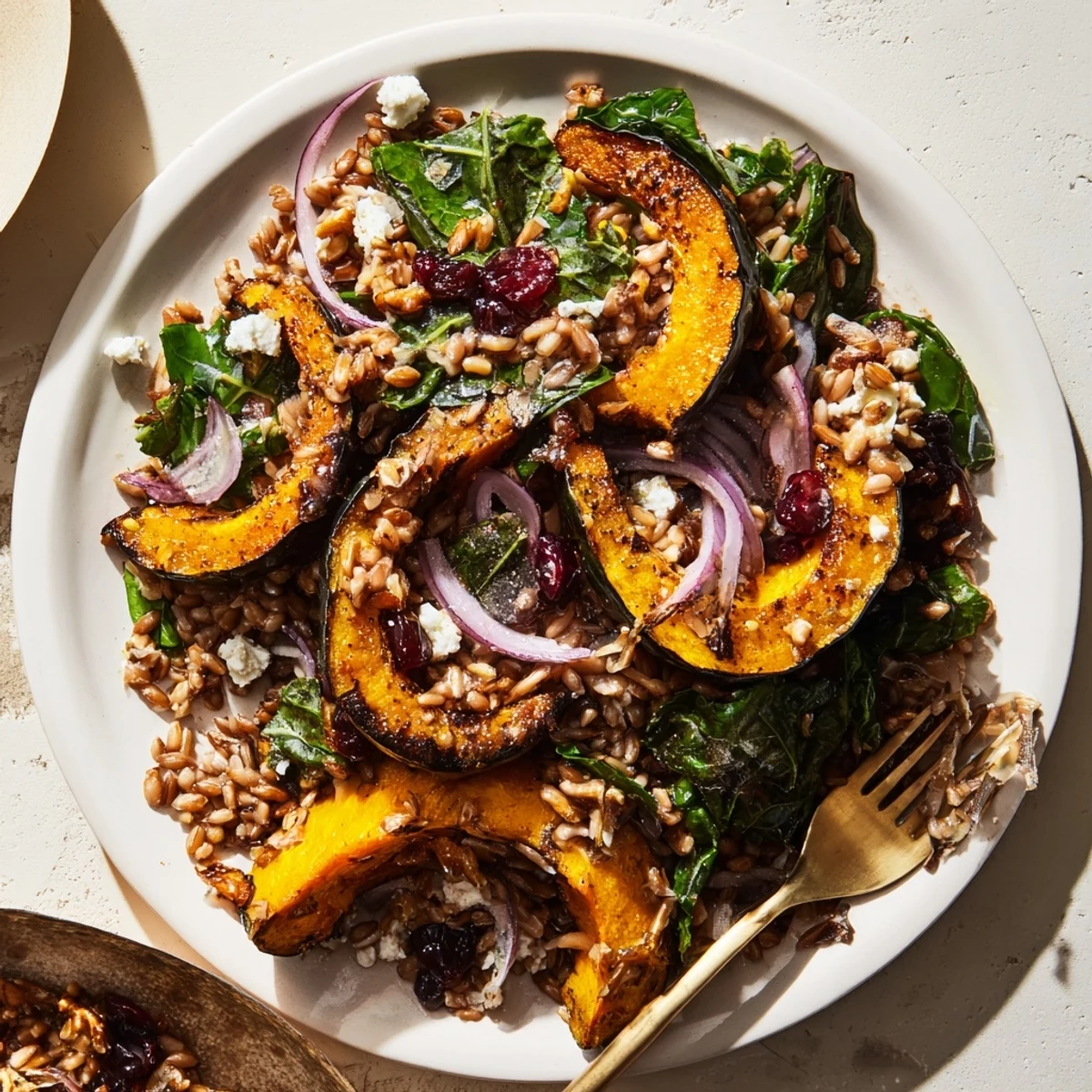 Golden roasted acorn squash slices atop a vibrant Farro & Mustard Green Salad with a rich vinaigrette.